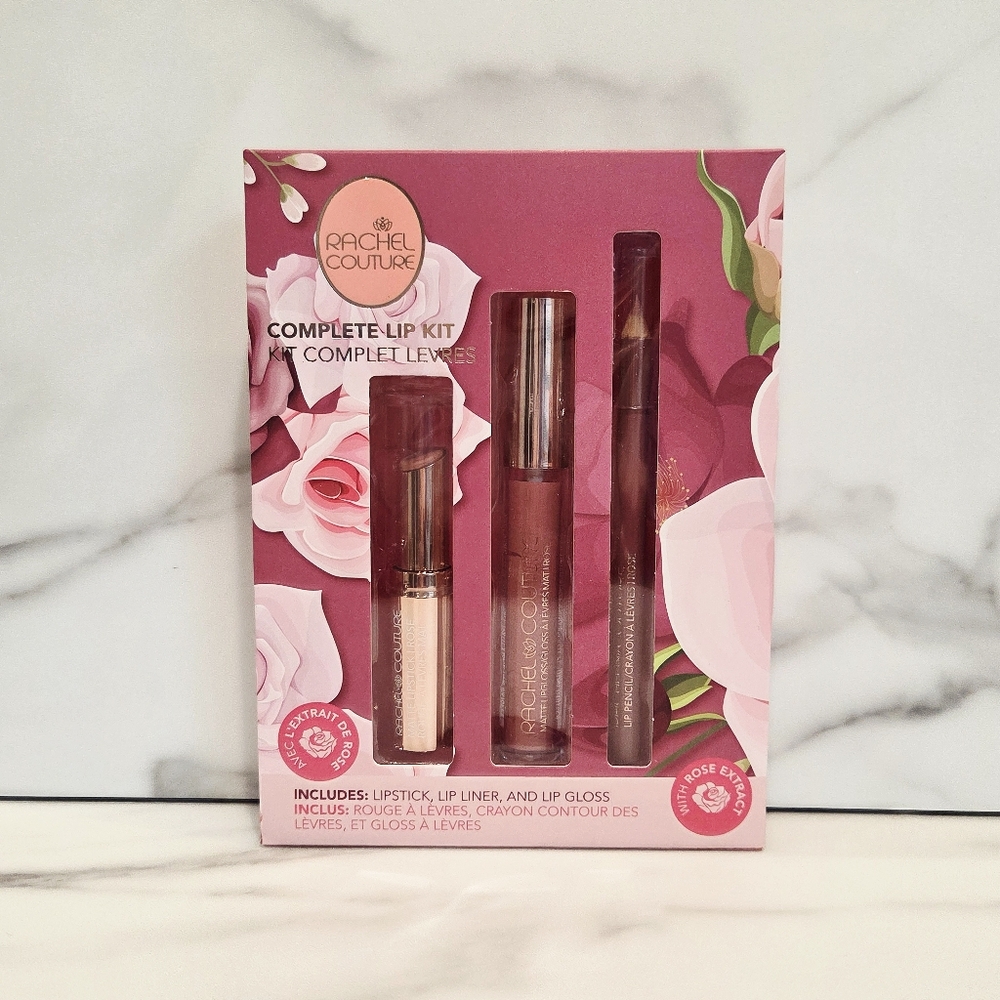 RACHEL COUTURE Complete 3 Piece Lip Kit Shade Rose (Pink) - NEW IN BOX